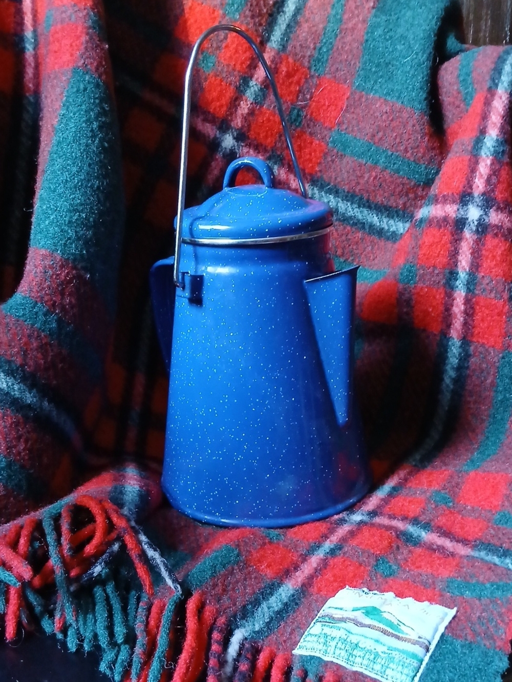 Blue Enamelware Coffee Pot with Lid and Handle